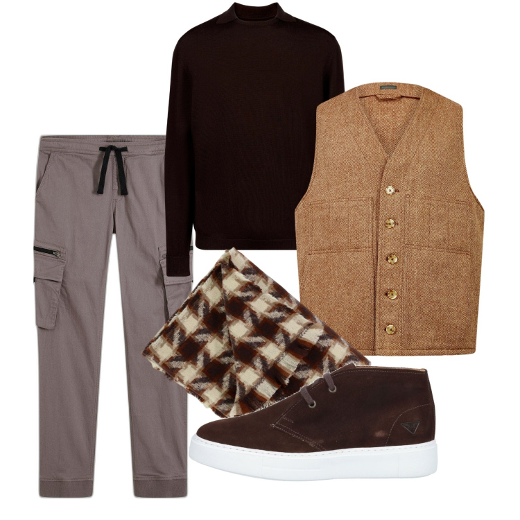Outfit uomo - Un gros pied de poule. Stile Trendy per Tutti i giorni. Abbinamento con pantaloni cargo, stivali e stivaletti, sciarpe, gilet, maglieria.