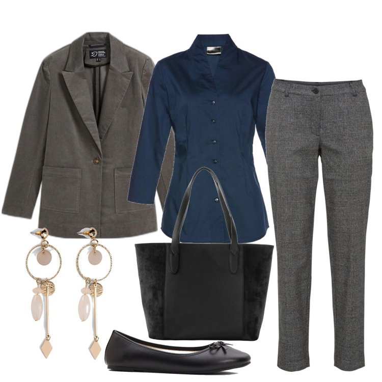 Outfit donna - In grigio e blu. Stile Casual chic per Ufficio. Abbinamento con pantaloni, camicie, shopping bag, ballerine, orecchini, blazer.