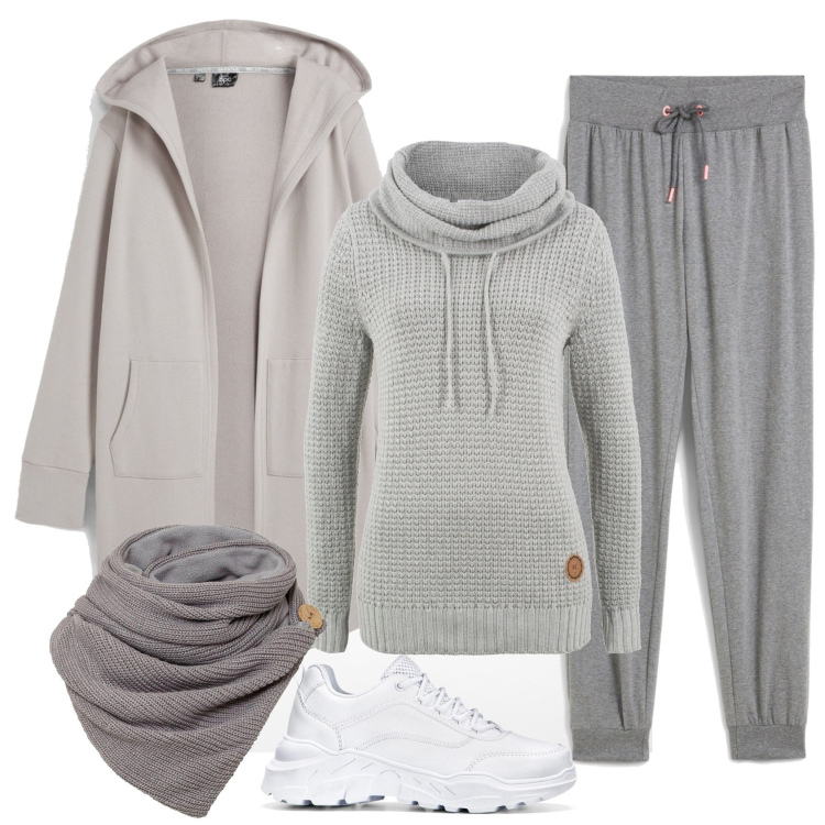 Outfit donna - All grey. Stile Sporty chic per Tutti i giorni. Abbinamento con blazer, foulard, sneakers, maglieria, pantaloni.