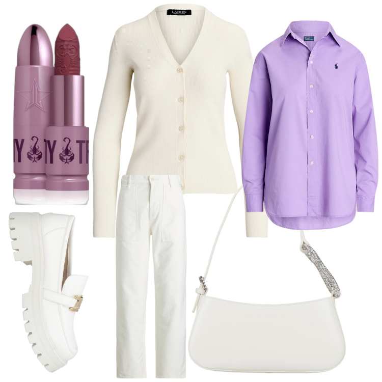 Outfit donna - Viola in ufficio. Stile Casual chic per Ufficio. Abbinamento con borse a mano, mocassini, rossetti, camicie, cardigans, pantaloni.