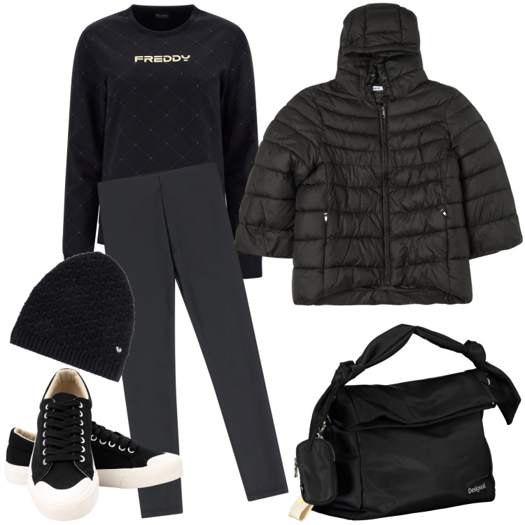 Outfit donna - Black and warm. Stile Basic per Tutti i giorni. Abbinamento con berretti, blazer, pantaloni skinny, felpe, sneakers, borse a spalla.