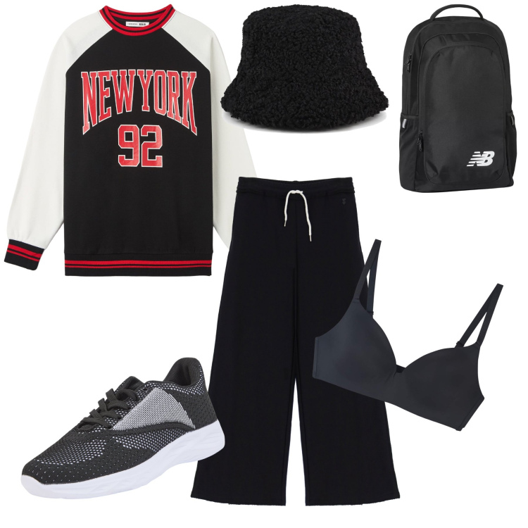 Outfit donna - New York New York. Stile Sporty chic per Tutti i giorni. Abbinamento con pantaloni a palazzo, zaini, sneakers, reggiseni, felpe, cappelli.
