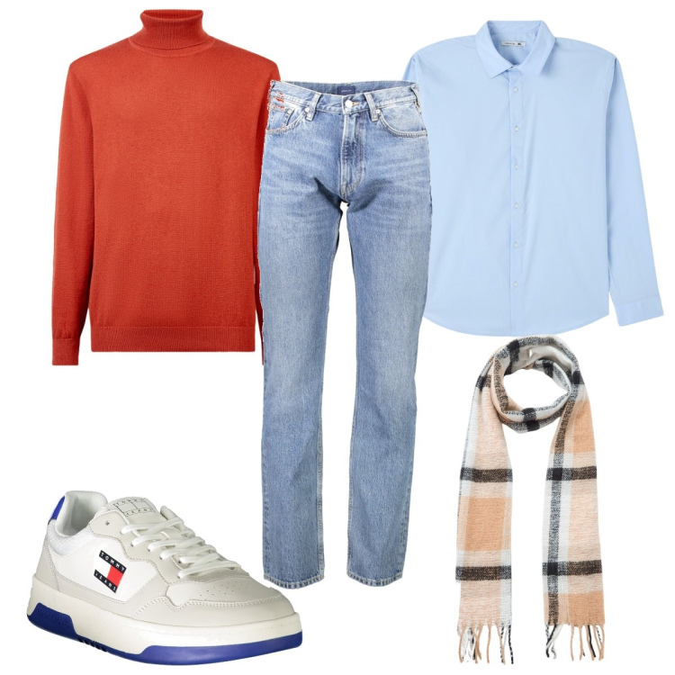 Outfit uomo - Total look #1995539. Stile Trendy per Tutti i giorni. Abbinamento con camicie, sciarpe, maglieria, jeans, sneakers.