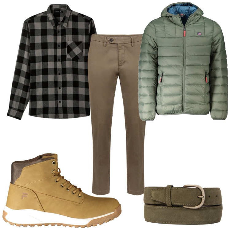 Outfit uomo - Total look #1995549. Stile Casual per Tutti i giorni. Abbinamento con camicie, pantaloni chino, stivali, cinture, giacche.