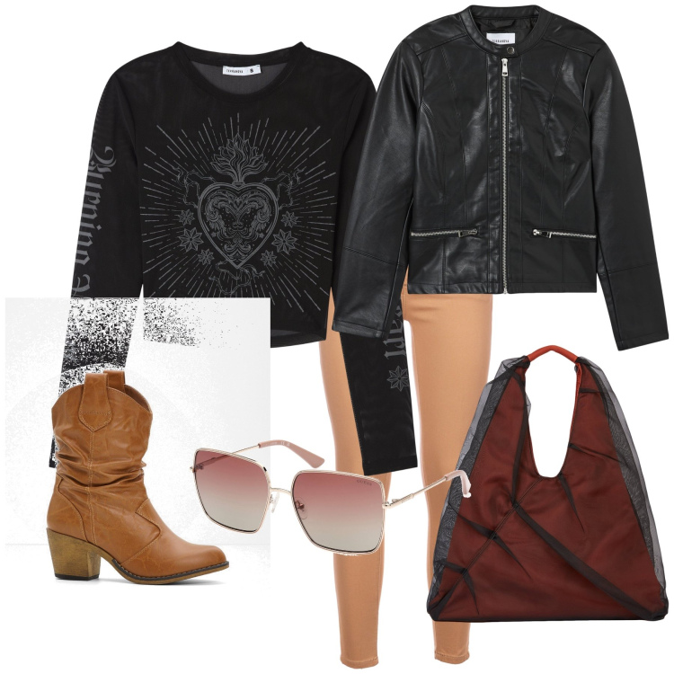 Outfit donna - Total look. Stile Rock per Tutti i giorni. Abbinamento con stivaletti texani, t-shirt, blazer, jeans skinny, shopping bag, occhiali da sole.