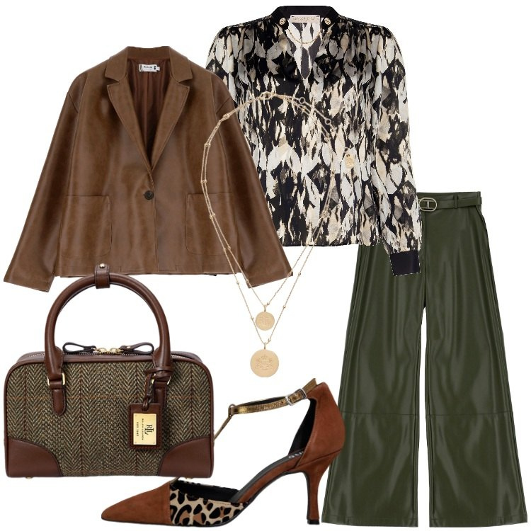 Outfit donna - I pantaloni in ecopelle per l\'autunno. Stile Trendy per Serata fuori. Abbinamento con bluse, blazer, pantaloni, décolleté, ciondoli, borse a mano.
