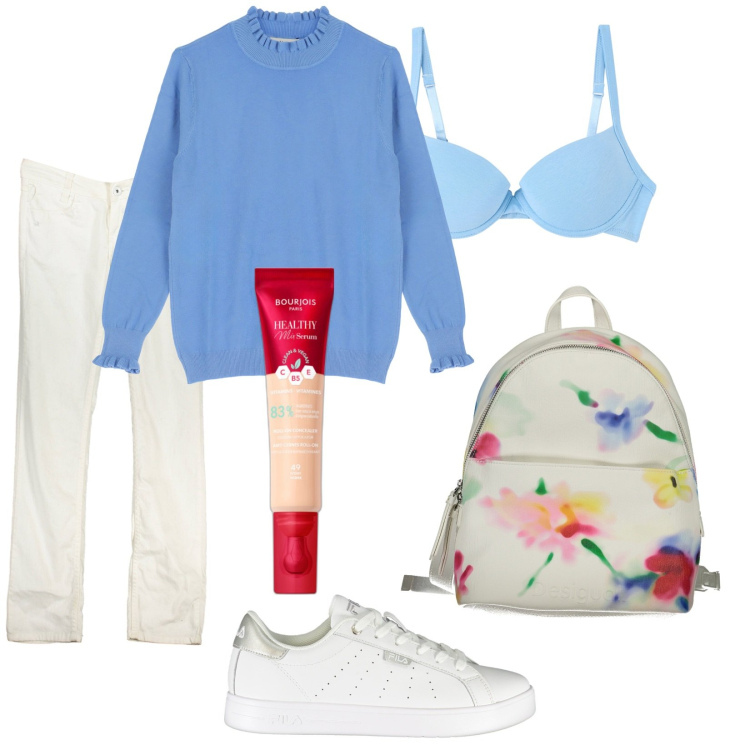 Outfit donna - Total look #1995589. Stile Casual per Tutti i giorni. Abbinamento con correttori, reggiseni push-up, maglieria, sneakers, zaini, jeans.