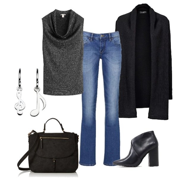 Outfit donna - Lezione di musica. Stile Trendy per Tutti i giorni. Abbinamento con cardigans, jeans, vestaglia nero, stivaletti con zip a punta, orecchini pendenti argento, borsa a tracolla nero.