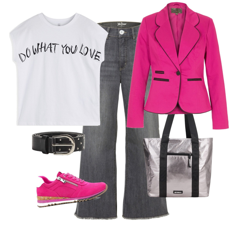 Outfit donna - Il colore. Stile Casual per Tutti i giorni. Abbinamento con maglieria, jeans, blazer, sneakers, cinture, shopping bag.