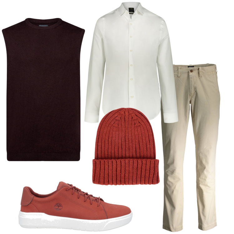 Outfit uomo - Total look #1995593. Stile Trendy per Ufficio. Abbinamento con sneakers, camicie, berretti, pantaloni, gilet.