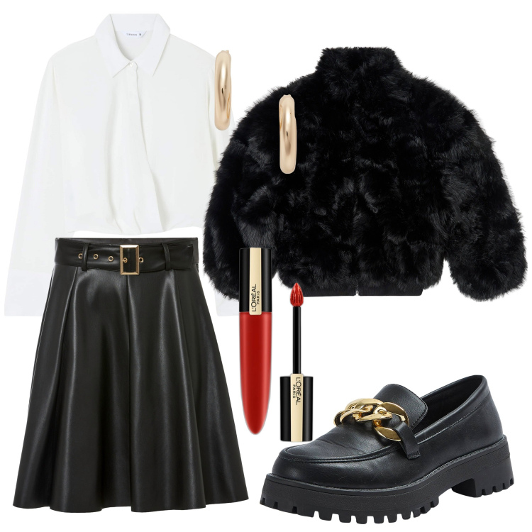 Outfit donna - Black and white. Stile Rock per Serata fuori. Abbinamento con gonne, rossetti, bluse, ecopellicce, mocassini, orecchini.