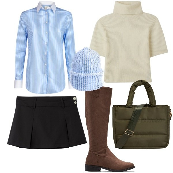 Outfit donna - Pronta per il freddo. Stile Preppy per Scuola/Università. Abbinamento con stivali, maglieria, shopping bag, minigonne, berretti, camicie.