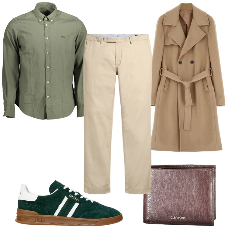 Outfit uomo - Total look #1995647. Stile Casual per Tutti i giorni. Abbinamento con cappotti, pantaloni chino, sneakers, camicie, portafogli.
