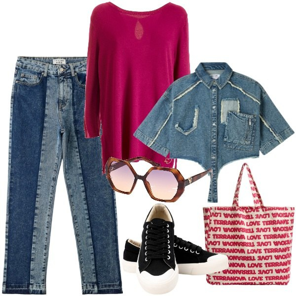 Outfit donna - Double denim. Stile Casual per Tutti i giorni. Abbinamento con camicie a manica corta, jeans dritti, borse tote, maglieria, sneakers, occhiali da sole.