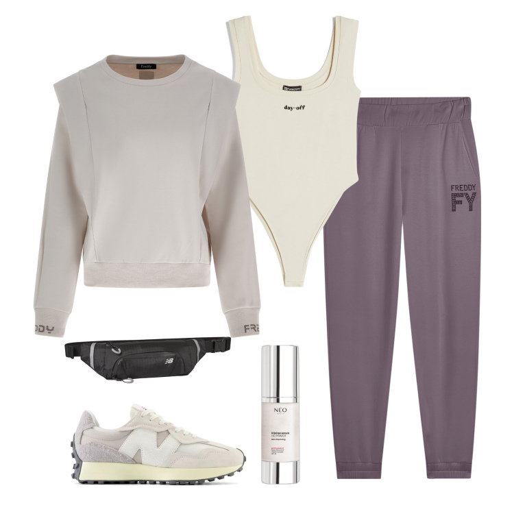 Outfit donna - Sport chic in grey. Stile Sporty chic per Tutti i giorni. Abbinamento con primer, sneakers, cinture, pantaloni, maglieria, body.