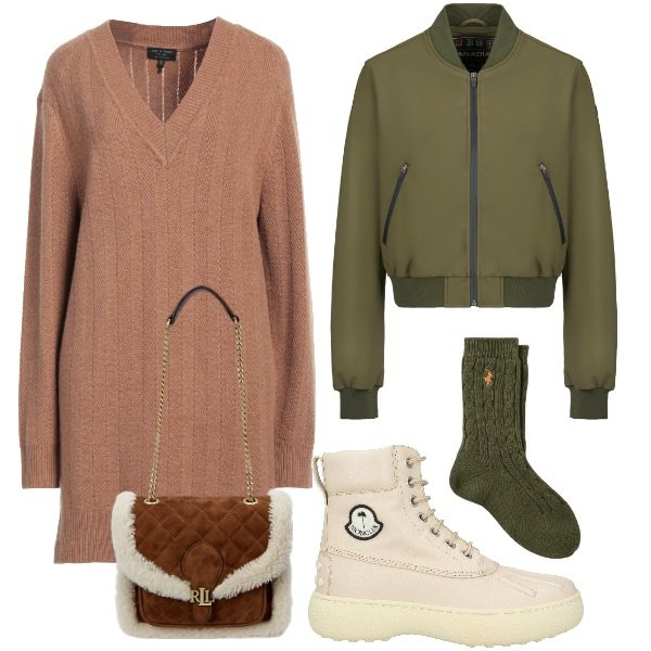 Outfit donna - Abito in maglia e bomber. Stile Casual chic per Tutti i giorni. Abbinamento con vestiti corti, stivaletti, calzini, borse a spalla, bomber.