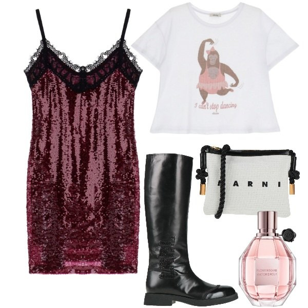 Outfit donna - La scimmia che balla. Stile Glamour per Serata fuori. Abbinamento con stivali, borse a tracolla, profumi, vestiti corti, t-shirt.