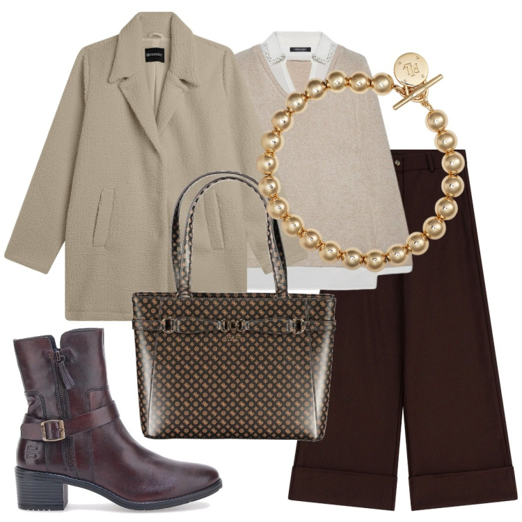 Outfit donna - Semplice in marrone e beige. Stile Mannish per Ufficio. Abbinamento con cappotti, pantaloni, braccialetti, stivaletti texani, maglieria, borse a spalla.