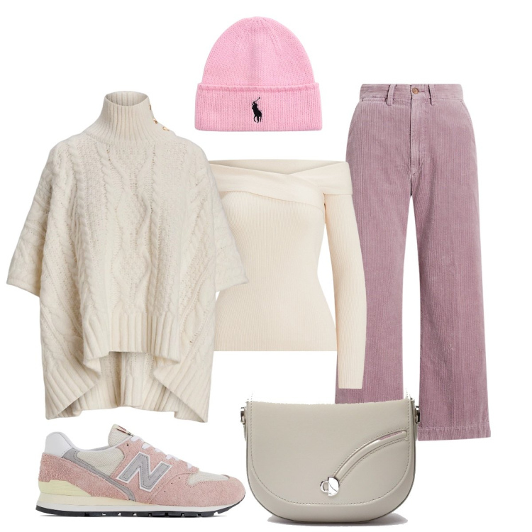 Outfit donna - Delicato : bianco e rosa. Stile Preppy per Tutti i giorni. Abbinamento con sneakers, pantaloni, cappotti, maglieria, berretti, borse a tracolla.