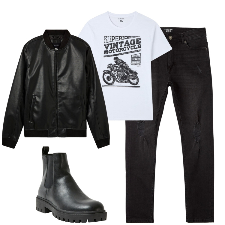 Outfit uomo - City. Stile Biker Rock per Tutti i giorni. Abbinamento con bomber, stivali e stivaletti, jeans strappati, t-shirt.
