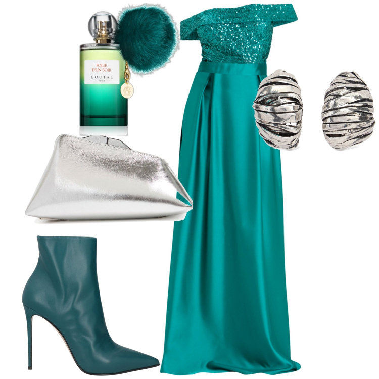 Outfit donna - Cerimonia. Stile Glamour per Cerimonia. Abbinamento con stivaletti, profumi, vestiti lunghi, orecchini, pochette.