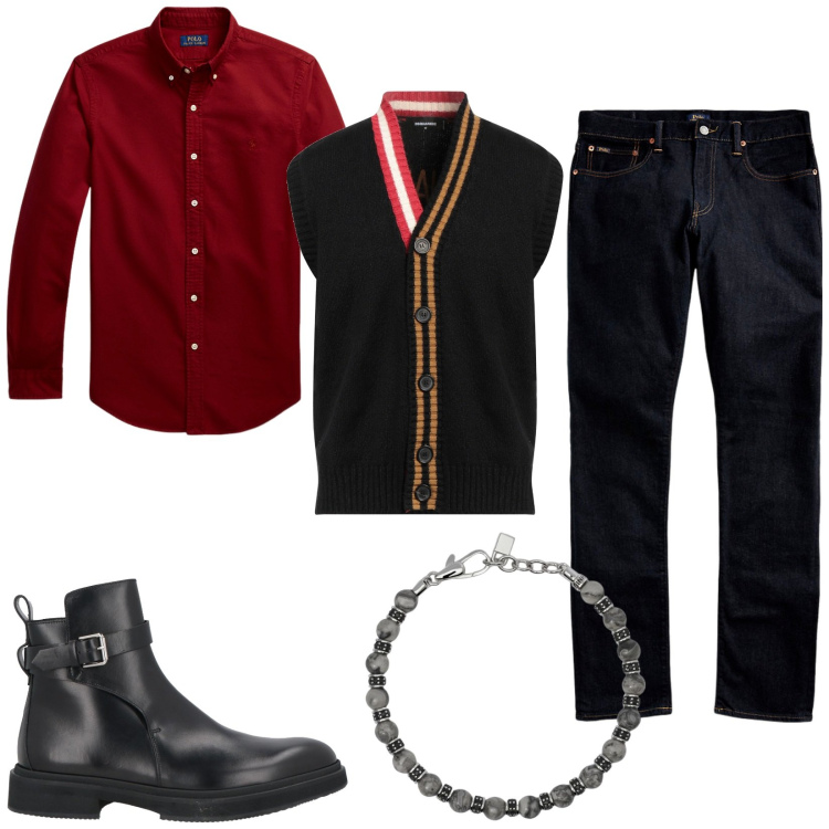 Outfit uomo - La camicia Oxford. Stile Casual per Ufficio. Abbinamento con stivali e stivaletti, cardigans, braccialetti, jeans, camicie.