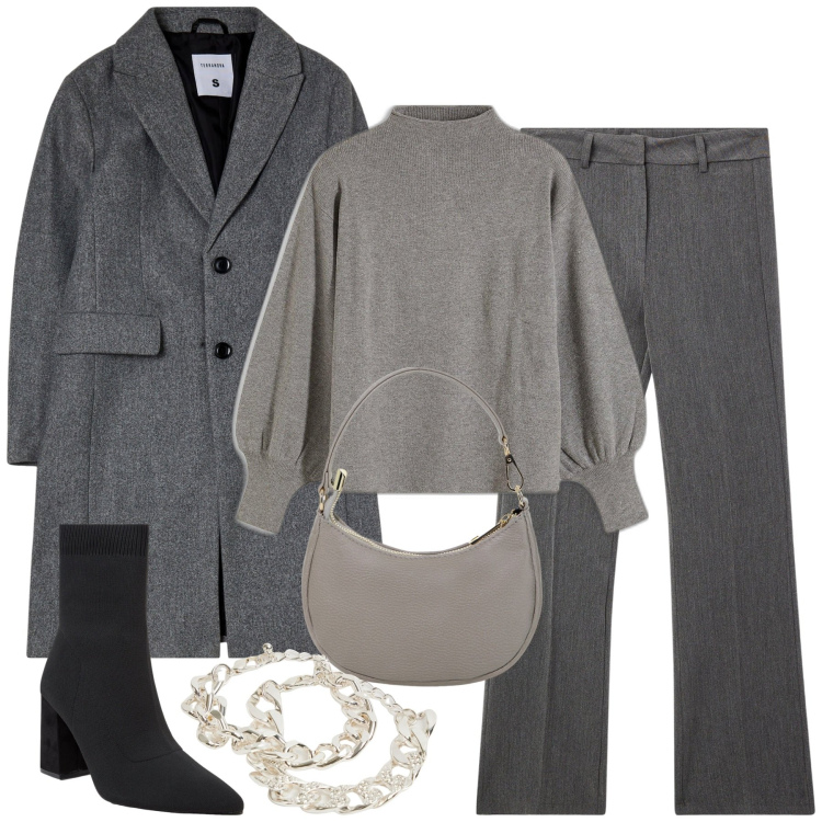 Outfit donna - Sfumature di grigio. Stile Trendy per Tutti i giorni. Abbinamento con maglieria, pantaloni, cappotti, braccialetti, stivaletti, borse a spalla.