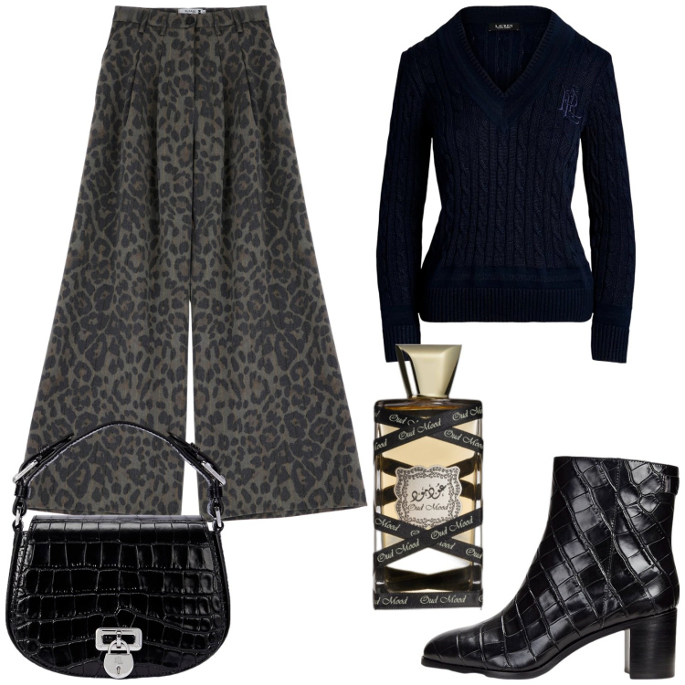 Outfit donna - Pantaloni per l\'autunno. Stile Trendy per Serata fuori. Abbinamento con profumi, pantaloni, maglieria, stivaletti, borse a tracolla.