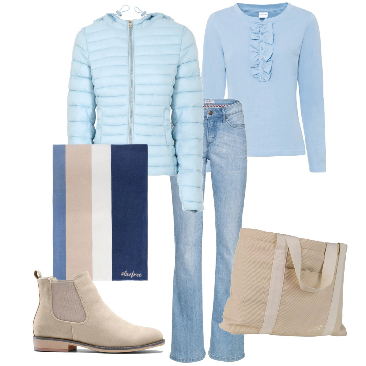 Outfit donna - Total look #1995852. Stile Casual per Tutti i giorni. Abbinamento con jeans bootcut, stivaletti chelsea, maglieria, shopping bag, piumini, sciarpe.