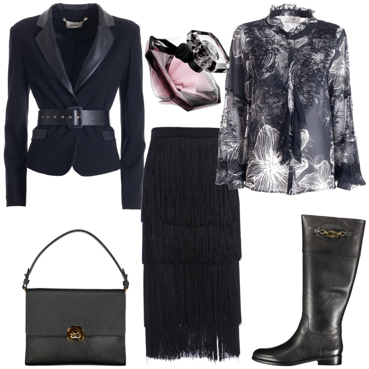 Outfit donna - Serata a teatro. Stile Glamour per Serata fuori. Abbinamento con profumi, gonne longuette, blazer, camicie, borse a spalla, stivali.