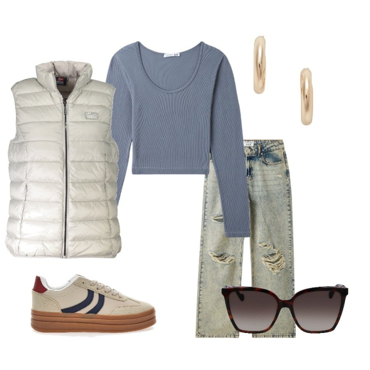 Outfit donna - Comfort a piacere. Stile Casual chic per Tutti i giorni. Abbinamento con t-shirt, jeans strappati, orecchini, sneakers, blazer, occhiali da sole.
