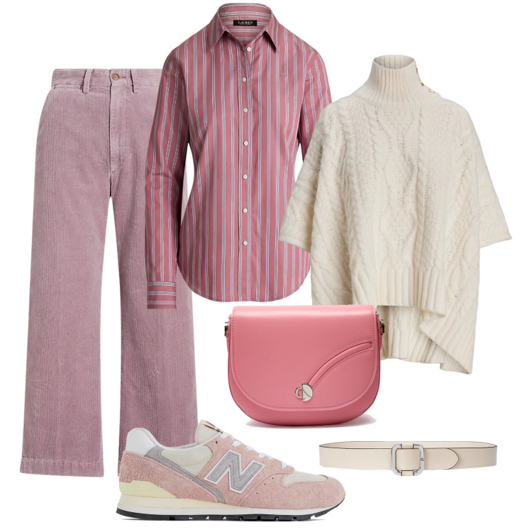 Outfit donna - Pantaloni in velluto lavanda e poncho. Stile Casual chic per Tutti i giorni. Abbinamento con sneakers, cappotti, camicie, pantaloni, cinture, borse a tracolla.