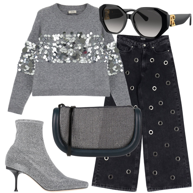 Outfit donna - Il tocco brillantinato. Stile Glamour per Tutti i giorni. Abbinamento con stivaletti, borse a tracolla, pullovers, jeans, occhiali da sole.