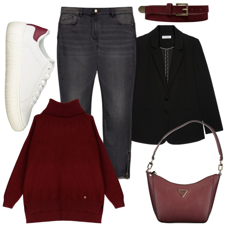Outfit donna - Sporty chic curvy. Stile Sporty chic per Tutti i giorni. Abbinamento con maglieria, cinture, borse a spalla, jeans skinny, sneakers, blazer.