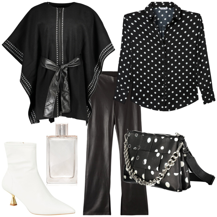 Outfit donna - Pois in autunno. Stile Glamour per Tutti i giorni. Abbinamento con profumi, camicie, pantaloni, stivaletti, cappotti, borse a spalla.