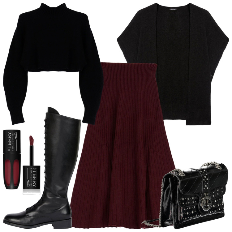Outfit donna - Curvy rock. Stile Rock per Serata fuori. Abbinamento con rossetti, gonne longuette, maglieria, stivali, cappe, borse a tracolla.