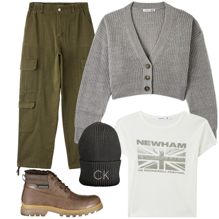 Outfit donna - Cool dressing. Stile Urban per Tutti i giorni. Abbinamento con t-shirt, pantaloni cargo, cardigans, stivali, berretti.
