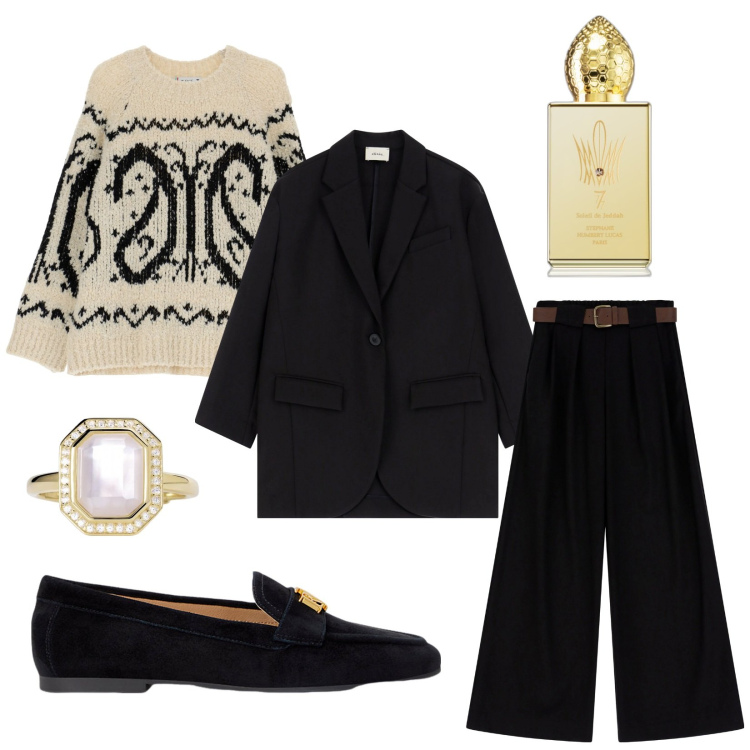 Outfit donna - La signora. Stile Chic per Serata fuori. Abbinamento con profumi, anelli, maglieria, mocassini, blazer, pantaloni a palazzo.