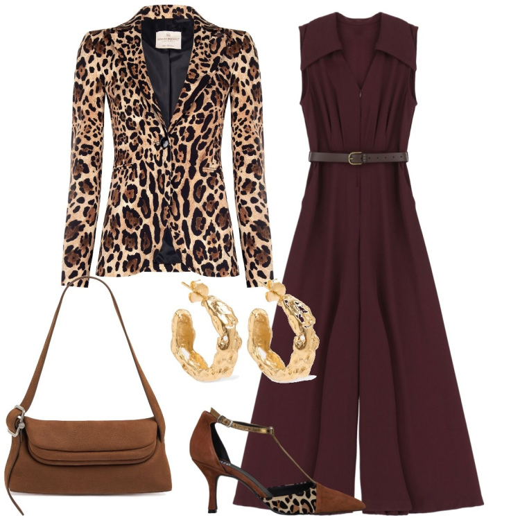 Outfit donna - Animalier. Stile Trendy per Tutti i giorni. Abbinamento con tute, décolleté, blazer, borse a spalla, orecchini.