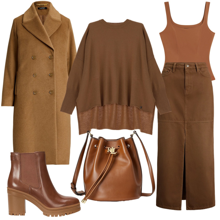 Outfit donna - Mix chocolate. Stile Glamour per Tutti i giorni. Abbinamento con body, pullovers, gonne, borse a secchiello, stivaletti chelsea, cappotti.