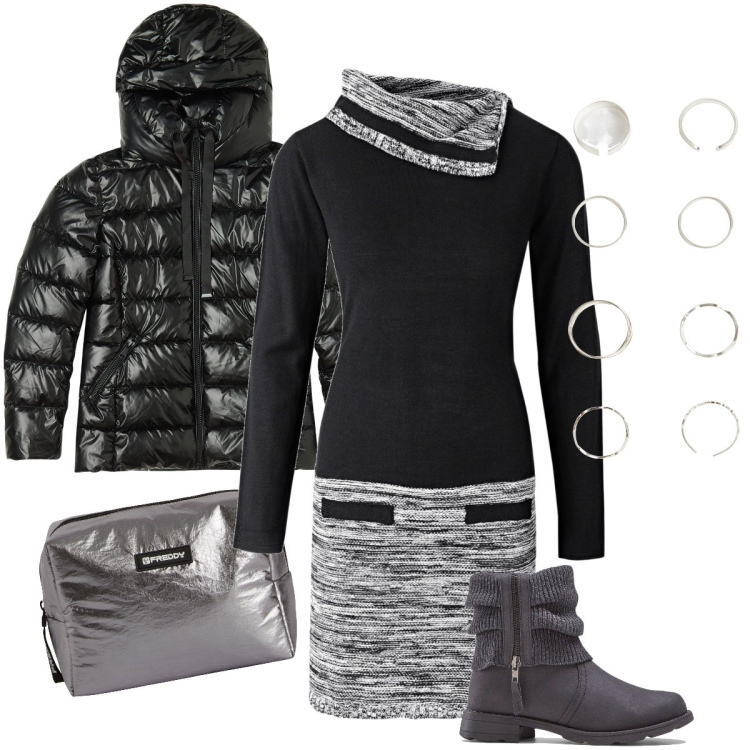 Outfit donna - Il vestito semi melange. Stile Casual chic per Tutti i giorni. Abbinamento con vestiti, stivaletti, anelli, blazer, valigie.