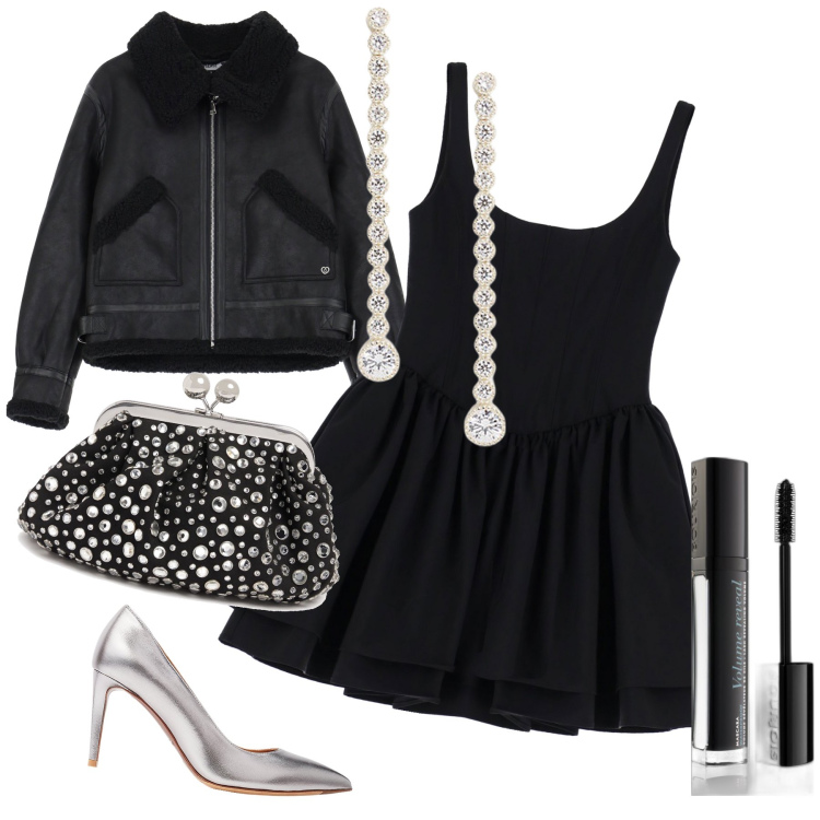 Outfit donna - Sparkling night. Stile Glamour per Serata fuori. Abbinamento con mascara, blazer, vestiti corti, décolleté, orecchini, pochette.