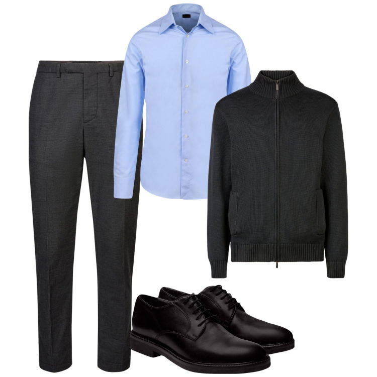 Outfit uomo - In ufficio. Stile Business/Elegante per Ufficio. Abbinamento con pantaloni, cardigans, scarpe stringate, camicie.