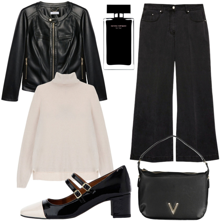 Outfit donna - Casual chic curvy. Stile Casual chic per Tutti i giorni. Abbinamento con profumi, décolleté, maglieria, jeans, blazer, borse a spalla.