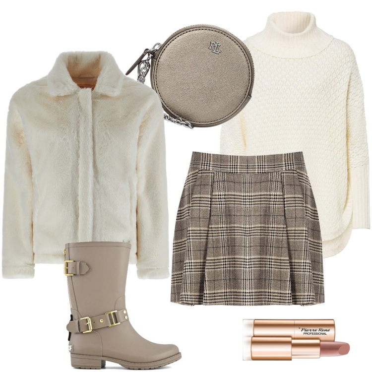 Outfit donna - La minigonna scozzese. Stile Preppy per Scuola/Università. Abbinamento con maglieria, rossetti, minigonne, cappotti, pochette, stivali.