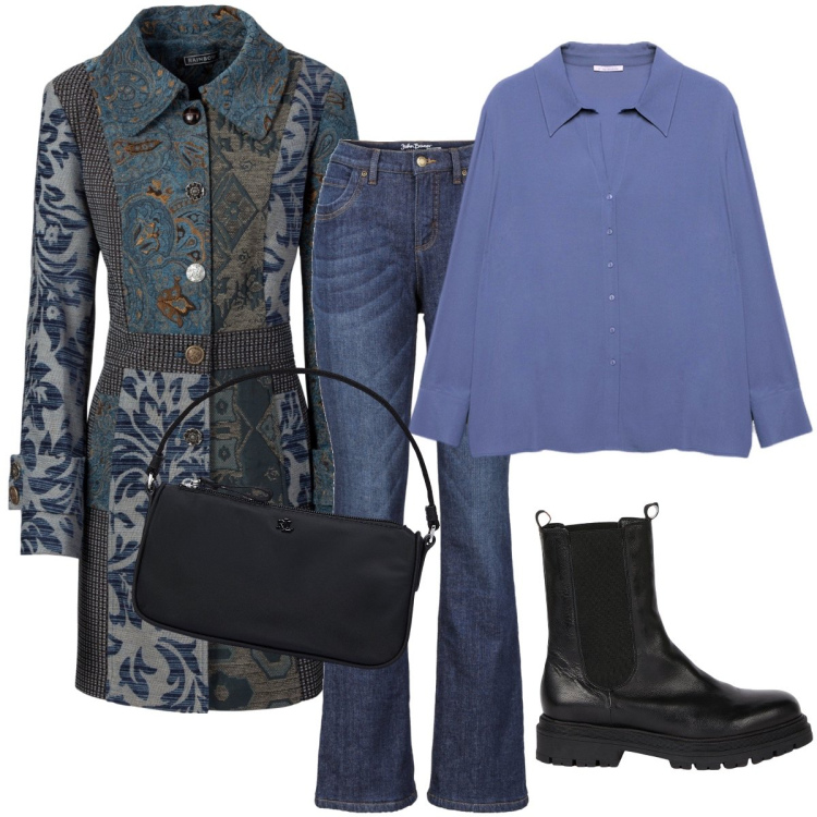 Outfit donna - Il soprabito particolare. Stile Trendy per Ufficio. Abbinamento con jeans bootcut, cappotti, pochette, camicie, stivaletti chelsea.