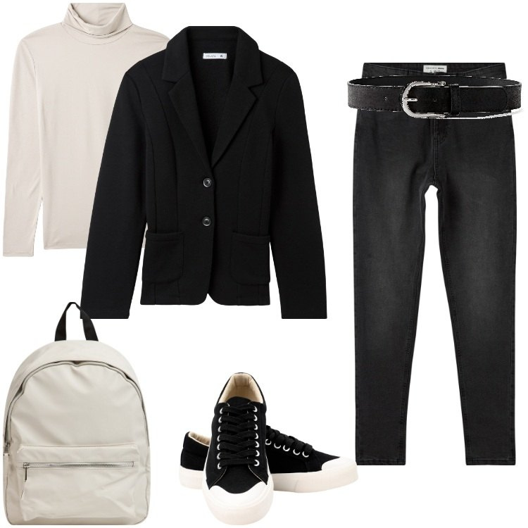 Outfit donna - Total look #1995994. Stile Mannish per Ufficio. Abbinamento con cinture, jeans skinny, blazer, maglieria, zaini, sneakers.