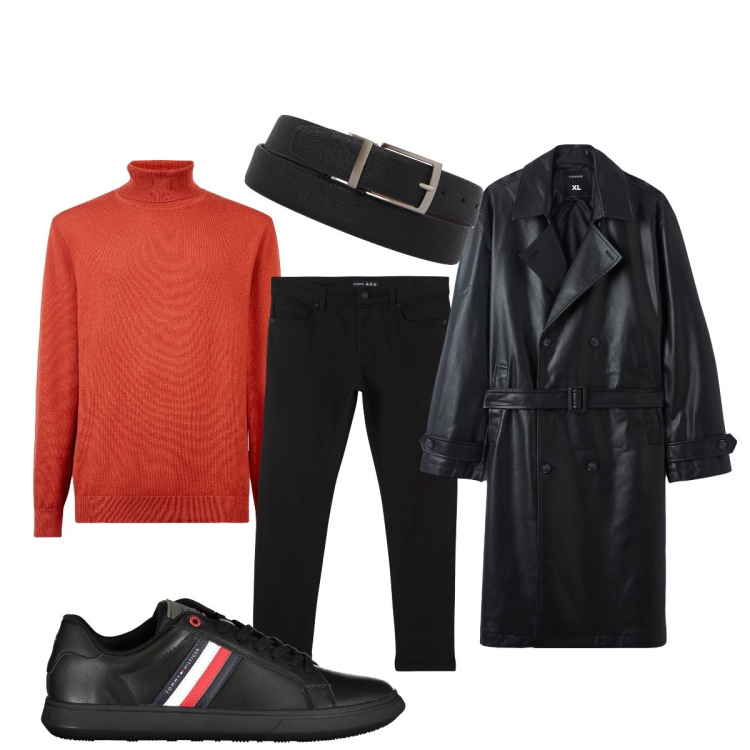Outfit uomo - Sportivo con il soprabito in ecopelle. Stile Trendy per Tutti i giorni. Abbinamento con trench, pantaloni skinny, cinture, sneakers, maglieria.