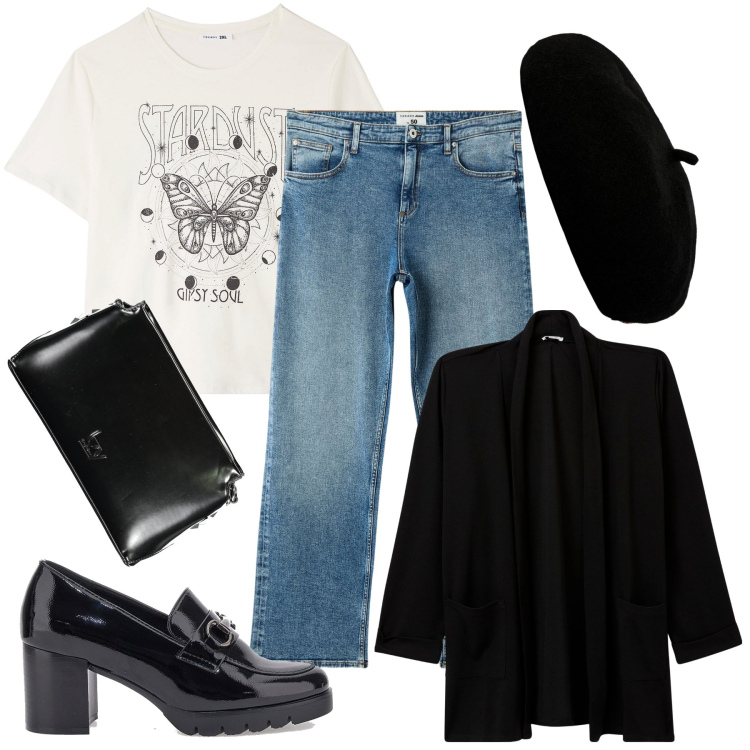 Outfit donna - Il basco alla francese. Stile Casual chic per Tutti i giorni. Abbinamento con blazer, jeans dritti, t-shirt, mocassini, borse a tracolla, cappelli e berretti.