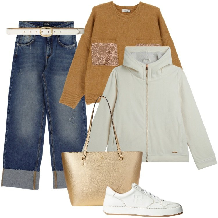 Outfit donna - Total look #1996017. Stile Trendy per Tutti i giorni. Abbinamento con blazer, pullovers, jeans, sneakers, cinture, borse tote.